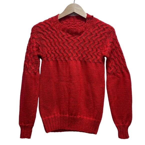 Hand Knit Sweater O/S Red Chunky Knit Cable Knit Upper Pullover Boho Cottage Art - Picture 1 of 4